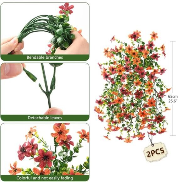 Artificial Faux Mums Fall Hanging Flowers for Outdoor Decoration,2 Pack Fake - Picture 2 of 7